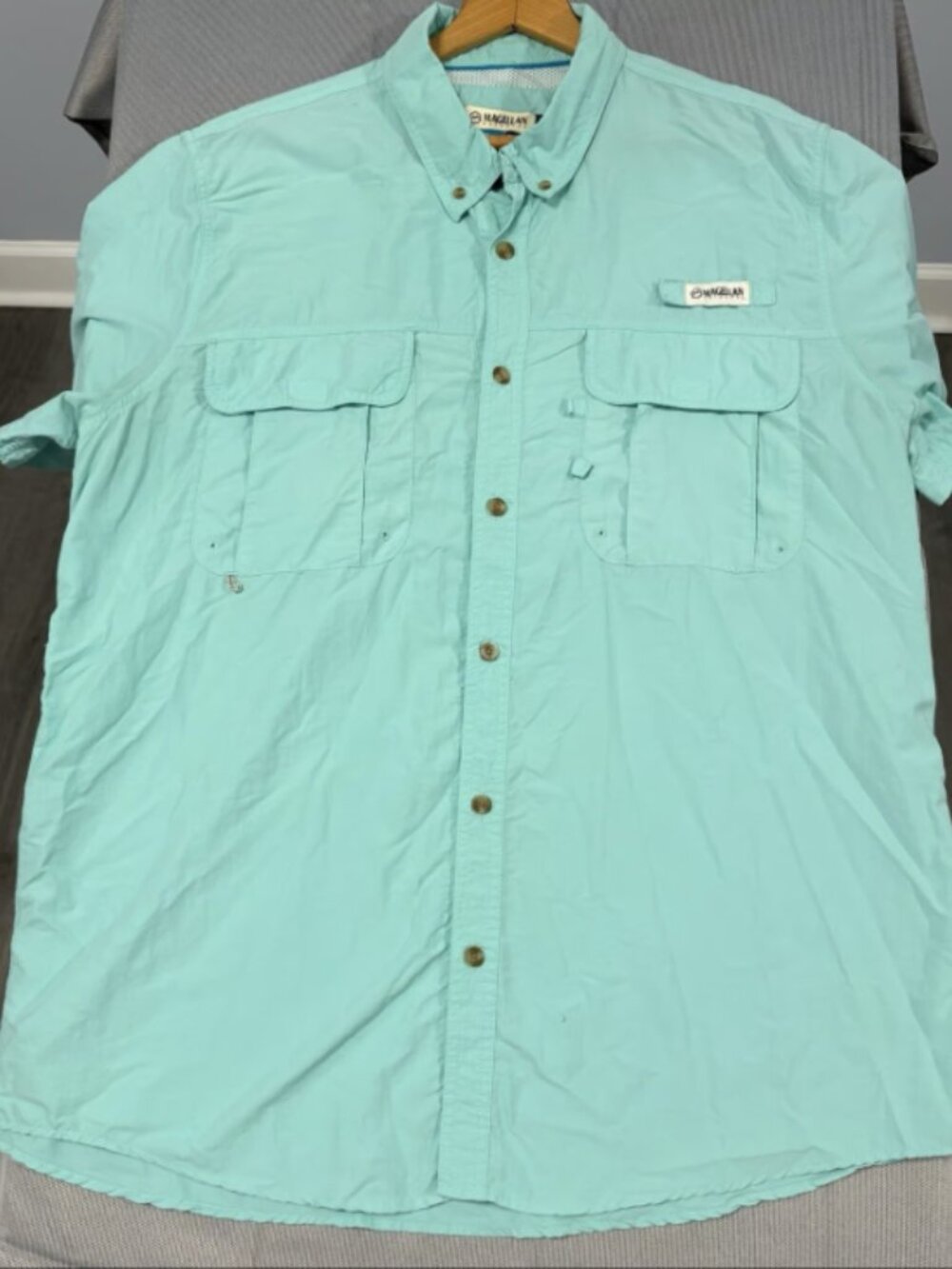 Magellen Outdoors Men Short Sleeve Fishing Shirt XL Aqua Mint Vented Fish Gear